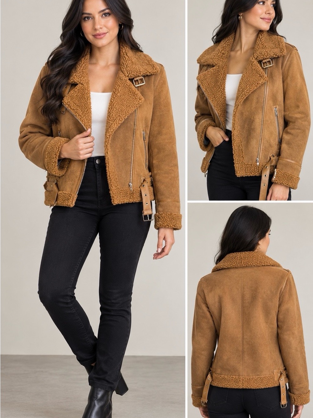 Haute Monde Camel Suede Sherpa Moto Jacket
